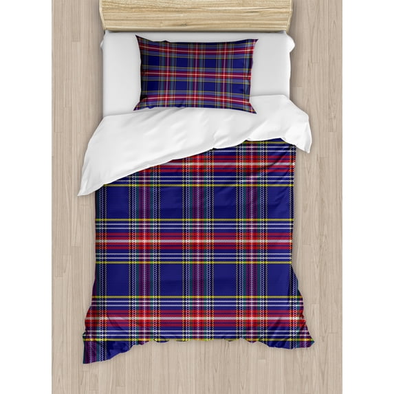 Plaid Duvet Cover Set Twin Size, Old Fashioned Scottish Tartan Country Style with Geometric Look Abstract Arrangement, Decorative 2 Piece Bedding Set with 1 Pillow Sham, Multicolor, by Ambesonne