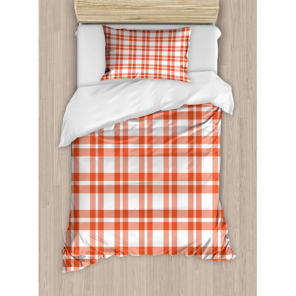 Plaid Duvet Cover Set Twin Size, Retro-Modern Style Checkered Pattern Squares and Stripes Abstract Old Fashioned, Decorative 2 Piece Bedding Set with 1 Pillow Sham, Orange White, by Ambesonne