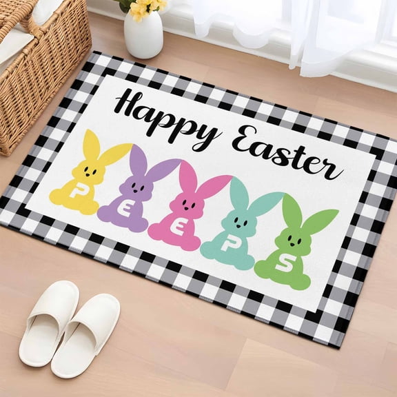 Plaid Easter Bathroom Rug Washable 2x3 Entryway Rug Non Slip Bunny Black White Checkered Farmhouse Front Door Mat Low Pile Indoor Doormat Throw Floor Carpet for Kitchen Bedroom Entrance
