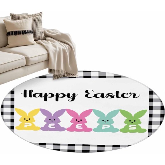 Plaid Easter Round Rug 4ft Area Rug Washable Soft Non-Slip 4'' Circle Low Pile Rugs Bunny Black White Checkered Farmhouse Carpet for Bedroom Living Room Entryway Home Office Dining Room