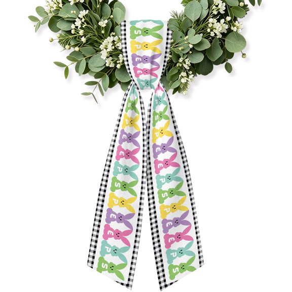 Plaid Easter Wreath Sash for Front Door, Bunny Black White Checkered Farmhouse Wreath Bow Holiday Garland Ribbon Wreath Accessories for Home Yard Porch Doorway Fall Christmas Decorations Gifts