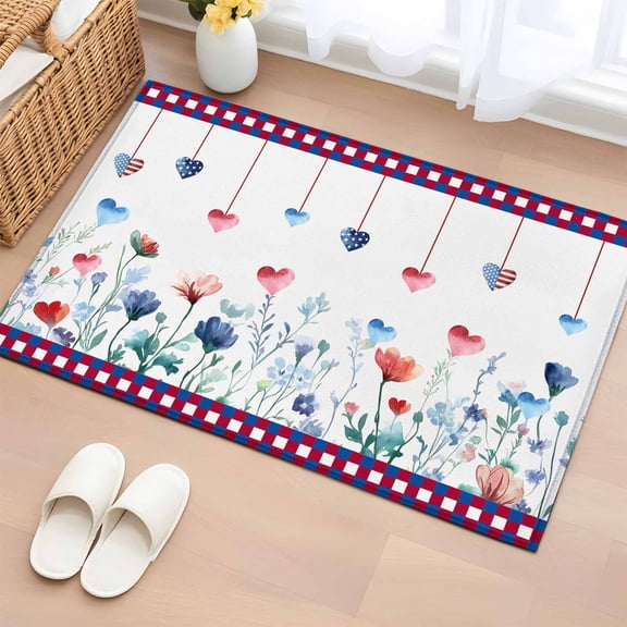 Plaid Edge USA Flag Heart Flower 2'x3' Rug for Entryway Front Door Kitchen Sink Area, Independence Day Low Pile Washable Non Slip Rectangle Area Rug
