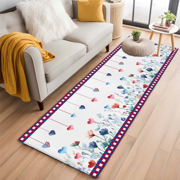 Plaid Edge USA Flag Heart Flower 2'x6' Runner Rug for Hallway Walkway Kitchen Galley, Independence Day Low Pile Washable Non Slip Long Area Rug