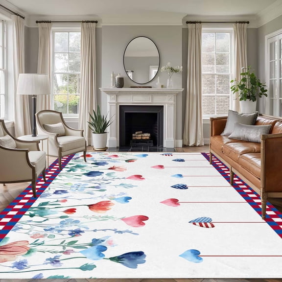 Plaid Edge USA Flag Heart Flower 8'x10' Large Area Rug for Living Room Sectional Sofa, Independence Day Washable Non Slip Low Pile Rectangle Area Rug