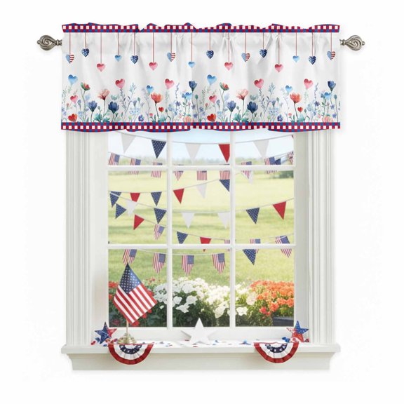 Plaid Edge USA Flag Heart Flower Valance Curtain for Windows Independence Day Rod Pocket Curtain Valances Short Window Treatments Panels for Kitchen Bathroom Laundry Room Basement 42 x 12 Inch