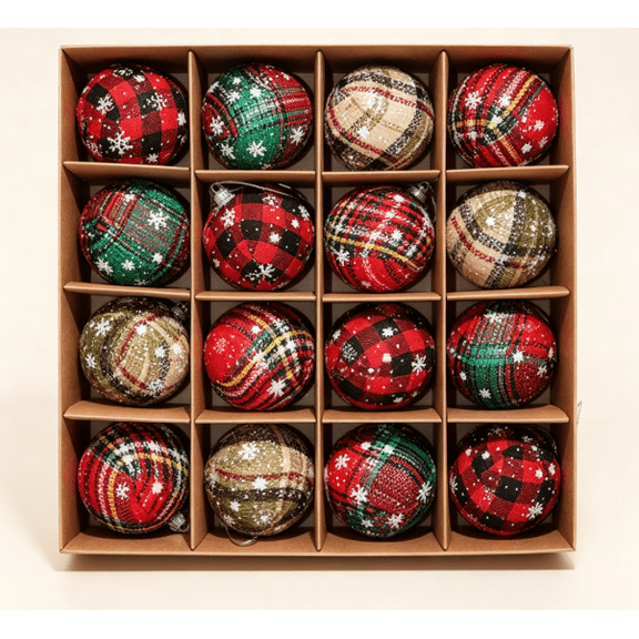Plaid Fabric Christmas Ball Ornament Set, 16 Pcs Buffalo Check Hanging Baubles for Xmas Tree Decoration