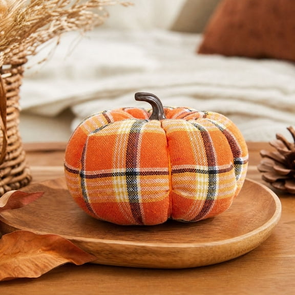 Plaid Fabric Pumpkins, Fall Decorations for Home, Orange Tartan Fall Pumpkin for Tiered Tray, 1 Pack