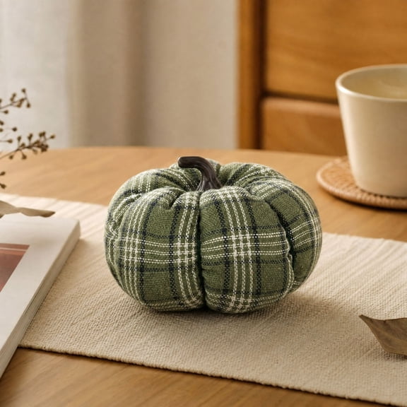 Plaid Fabric Pumpkins Fall Pumpkins Decor, 3.54 In Buffalo Plaid Rustic Checkered Pumpkins for Fall Thanksgiving Halloween Table Centerpiece Decor (Green)