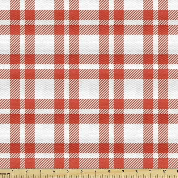 Ambesonne Plaid Fabric by the Yard Upholstery, Checkered Country Picnic, 3 Yards, Vermilion White