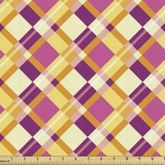 Plaid Fabric by the Yard, Retro Style Traditional Geometric Scotch Diagonal Pattern Illustration, Decorative Upholstery Fabric for Sofas and Home Accents, 10 Yards, Orange Pink by Ambesonne