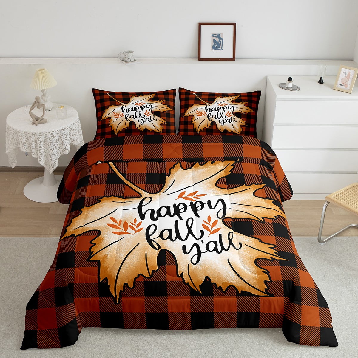 Plaid Fall Bedding Set Queen Retro Autumn Maple Leaf Comforter Set Black Orange Buffalo Check Down Comforter Rustic Fall Theme Quilt Duvet Insert 3