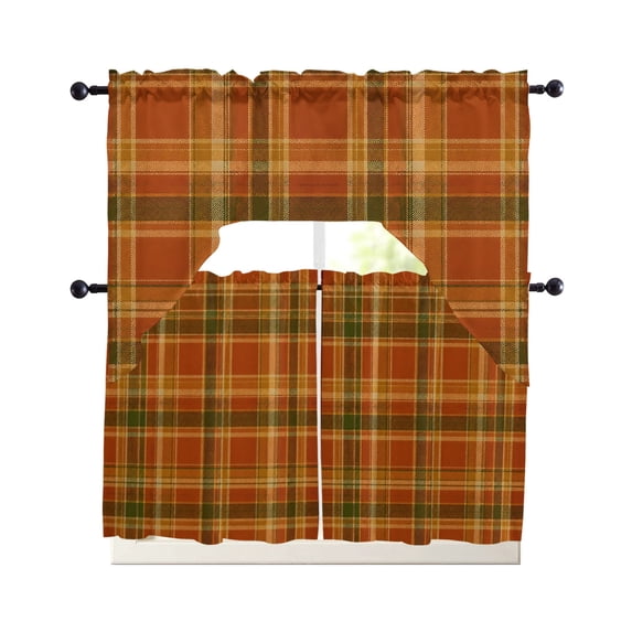 Plaid Fall Kitchen Curtains Set for Windows 3 Piece Cafe Curtains 24 Inch Length Swag Curtains Valances and Tier Set Thanksgiving Orange Brown Autumn Farmhouse Harvest Drapes for Bedroom Bathroom