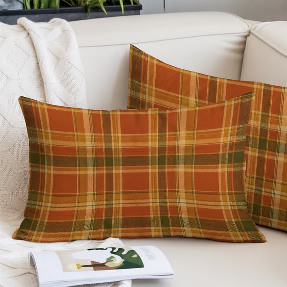 Plaid Fall Pillow Covers 12"x20", Thanksgiving Orange Brown Autumn Farmhouse Harvest Soft Brushed Microfiber Breathable Throw Pillow Covers, Decorative Pillowcase with Zipper for Sofa Couch Bedroom
