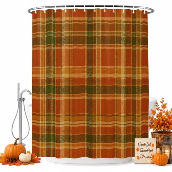 Plaid Fall Shower Curtain, Waterproof Shower Curtains for Bathroom, Thanksgiving Orange Brown Autumn Farmhouse Harvest Washable Fabric Bathtub Curtain Set Bath Decor with 12 Hooks Standard 72"x72"
