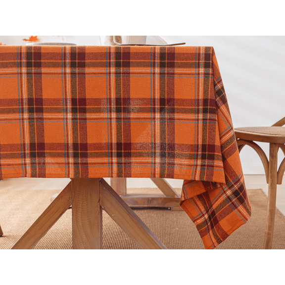 Plaid Fall Tablecloth Thanksgiving Rectangle 60x70 Inch, Orange Red Table Cloths Autumn Decorations, Polyester Fabric Table Cover for Harvest Party Dining Farmhouse Kitchen Decor