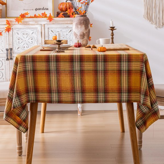 Plaid Fall Tablecloth Thanksgiving Rectangle 60x70 Inch, Yellow Table Cloths Autumn Decorations, Polyester Fabric Table Cover for Harvest Party Dining Farmhouse Kitchen Decor