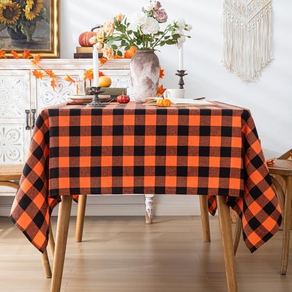 Plaid Fall Tablecloth Thanksgiving Rectangle 60x84 Inch, Orange Black Table Cloths Autumn Decorations, Polyester Fabric Table Cover for Harvest Party Dining Farmhouse Kitchen Decor