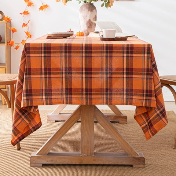 Plaid Fall Tablecloth Thanksgiving Rectangle 60x84 Inch, Orange Red Table Cloths Autumn Decorations, Polyester Fabric Table Cover for Harvest Party Dining Farmhouse Kitchen Decor