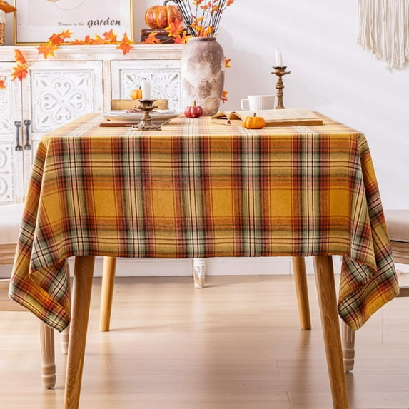 Plaid Fall Tablecloth Thanksgiving Rectangle 60x84 Inch, Yellow Table Cloths Autumn Decorations, Polyester Fabric Table Cover for Harvest Party Dining Farmhouse Kitchen Decor