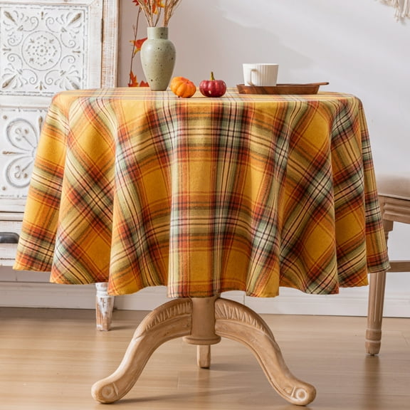 Plaid Fall Tablecloth Thanksgiving Round 60 Inch, Yellow Table Cloths Autumn Decorations, Polyester Fabric Table Cover for Harvest Party Dining Farmhouse Kitchen Decor