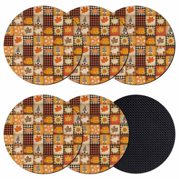 Plaid Fall Thanksgiving Coasters for Drinks,Absorbent Non Slip Rubber Drink Coasters Set of 6 for Cup,Table,Bar,Home Decor, Pumpkins Gnomes Maple Leaf Turkey
