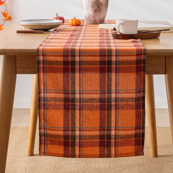 Plaid Fall Thanksgiving Table Runner, Autumn Holiday Rust Orange Table Runners 48 inches Long, Harvest Decorations Farmhouse Home Kitchen Dining Party Decor