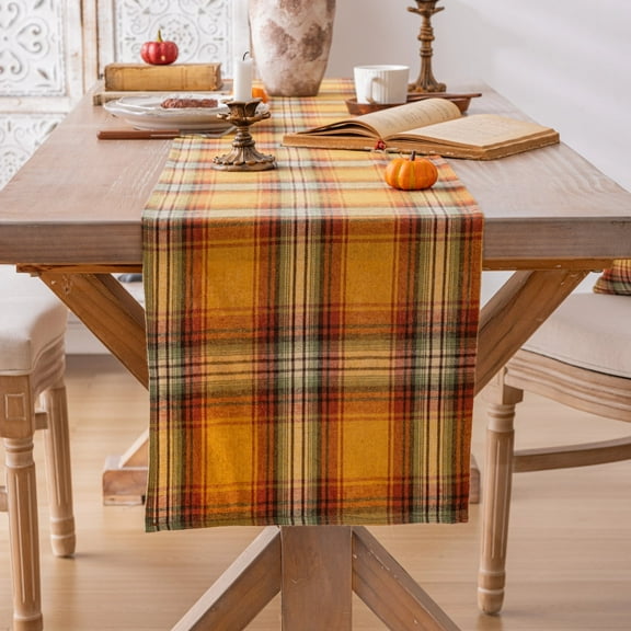 Plaid Fall Thanksgiving Table Runner, Autumn Holiday Yellow Table Runners, Harvest Decorations Farmhouse Home Kitchen Dining Party Decor