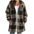 thumbnail image 1 of Plaid Faux Fur Coat Womens Mid Length Shearling Fuzzy Hooded Baggy Jacket with Pockets Winter Fleece Warm Overcoat (M, Coffee), 1 of 6