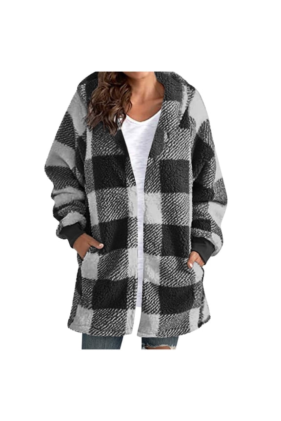Plaid Faux Fur Coat Womens Mid Length Shearling Fuzzy Hooded Baggy Jacket with Pockets Winter Fleece Warm Overcoat (S, Black)