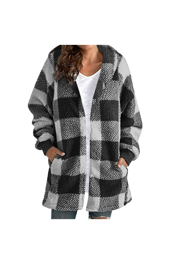 Plaid Faux Fur Coat Womens Mid Length Shearling Fuzzy Hooded Baggy Jacket with Pockets Winter Fleece Warm Overcoat (XL, Black)