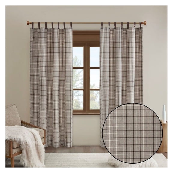 Plaid Faux Leather Curtain Panel - Fleece Lined - 50x84/95 Inch - Light Filtering Window Treatment - Brown Tab Top - Rustic Decor