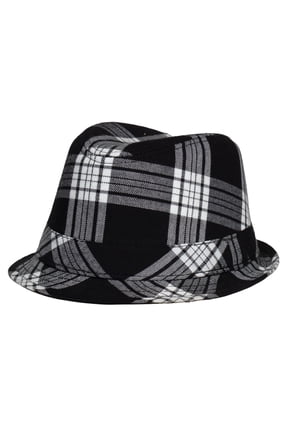 Plaid Fedora Hat Unisex Black White Checkered Trilby Dress Costume Party Fashion Cap for Men Women