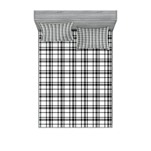 Plaid Fitted Sheet & Pillow Sham Set, Black and White Tartan Pattern Graphic Grid Art Design with Traditional Influences, Decorative Printed 6 Piece Bedding Decor Set, King, Black White, by Ambesonne