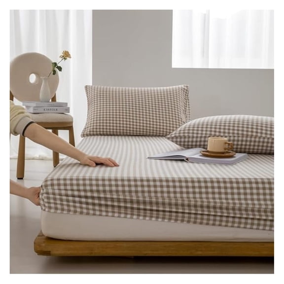 Plaid Fitted Sheet Tan Brown Grid Checkered Twin XL - Soft Microfiber Bedding - Cozy Bedroom Decor - 35x79 Inch Hotel Quality