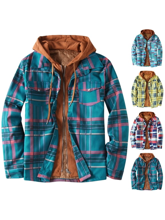 Plaid Flannel Jacket for Men Clearance Quilted Winter Coat with Hood Tartan Checkered Shirt Jacket Long Sleeve Zipper Outdoor Outwear Hooded Lattice Coats Lumberjack Jacket UK Size 8-22