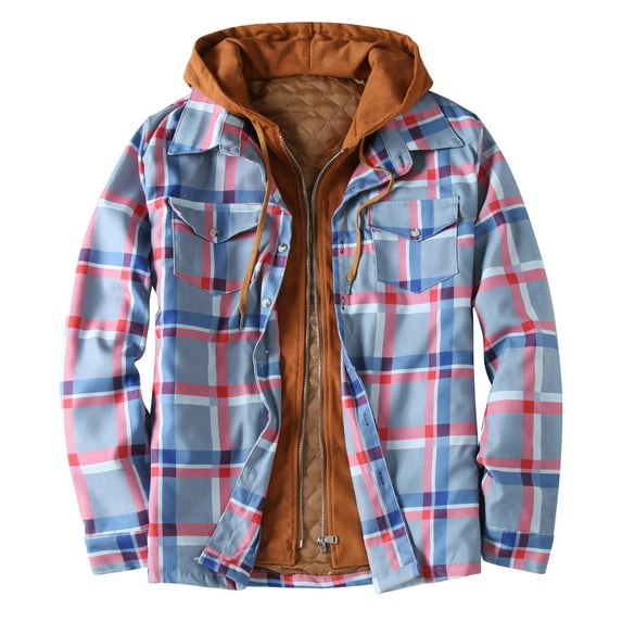 Plaid Flannel Jacket for Men Sale Clearance Quilted Winter Coat with Hood Tartan Checkered Shirt Jacket Long Sleeve Zipper Outdoor Outwear Hooded Lattice Coats Lumberjack Jacket UK Size 8-22