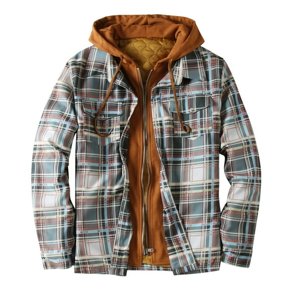 Plaid Flannel Jacket for Men Sale Clearance Quilted Winter Coat with Hood Tartan Checkered Shirt Jacket Long Sleeve Zipper Outdoor Outwear Hooded Lattice Coats Lumberjack Jacket UK Size 8-22