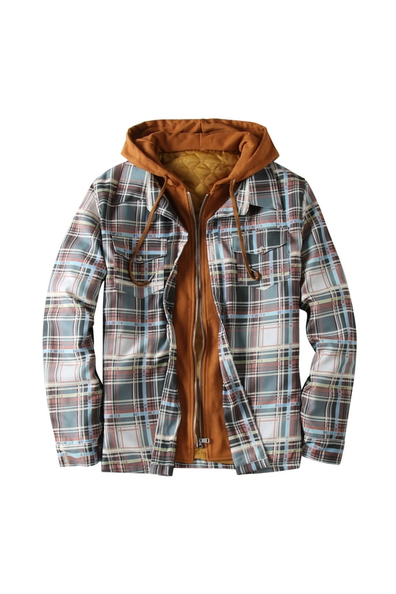Plaid Flannel Jacket for Men Sale Clearance Quilted Winter Coat with Hood Tartan Checkered Shirt Jacket Long Sleeve Zipper Outdoor Outwear Hooded Lattice Coats Lumberjack Jacket UK Size 8-22