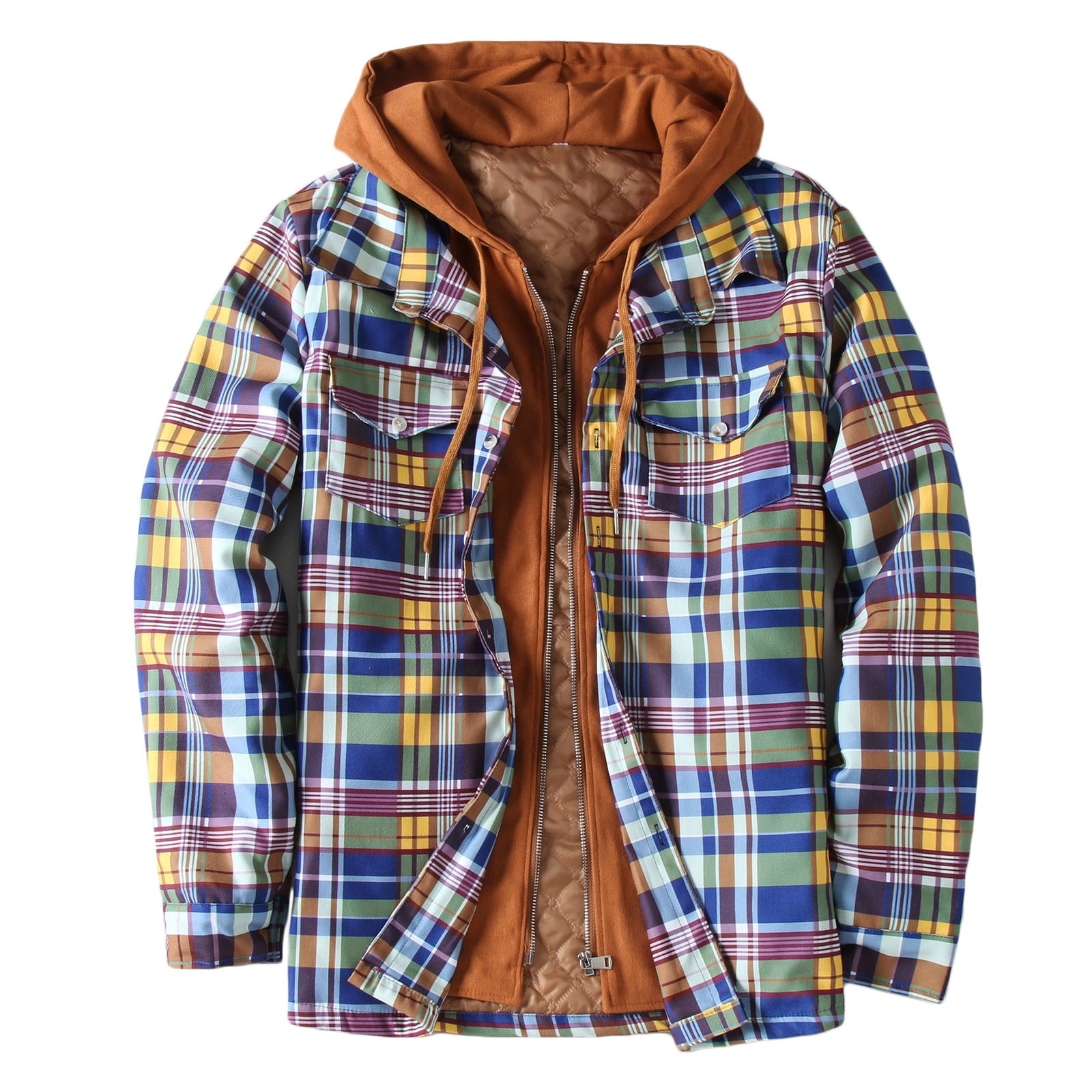 Men's outdoor casual plaid 2025 hooded padded shirt jacket