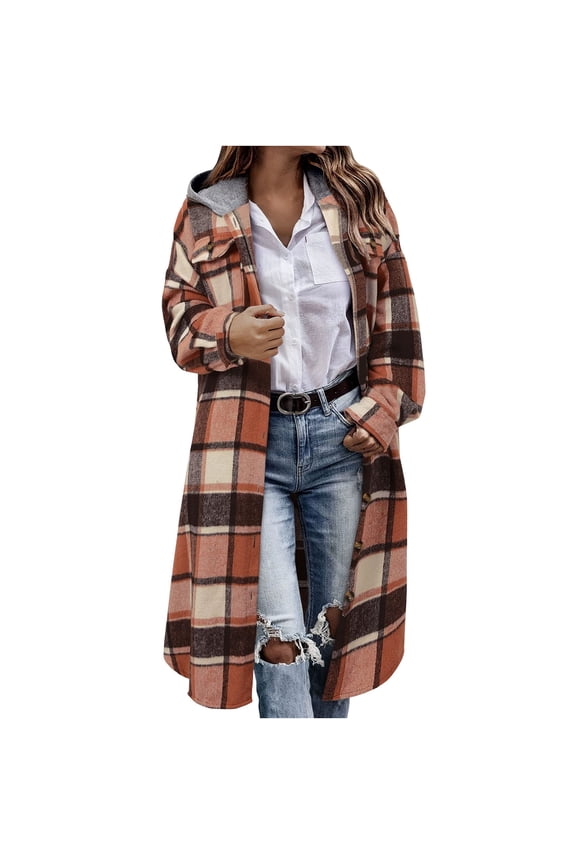 Plaid Flannel Jacket for Women, Casual Long Corduroy Shirt, Lapel Button Down Flannel Trench Coats