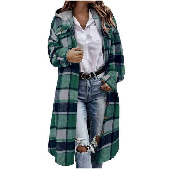 Plaid Flannel Jacket for Women, Casual Long Corduroy Shirt, Lapel Button Down Flannel Trench Coats
