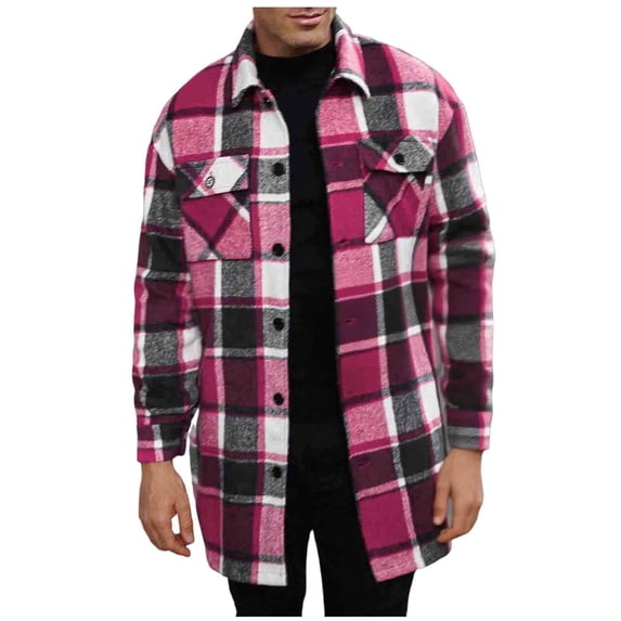 Plaid Flannel Long Shirt Shackets for Men with Chest Pockets Long Sleeve Collared Casual Button Up Jackets (M, Wine)