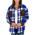 thumbnail image 1 of Plaid Flannel Shacket Jacket for Women Long Sleeve Button Lapel V Neck Front Pockets Classic Trendy Faux Wool Coat Blue,2XL, 1 of 5