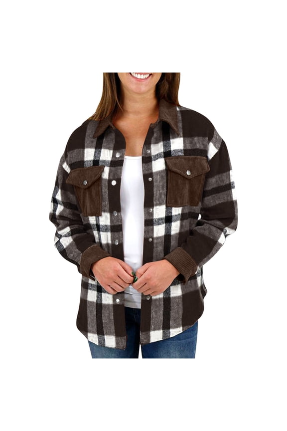 Plaid Flannel Shacket Jacket for Women Long Sleeve Button Lapel V Neck Front Pockets Classic Trendy Faux Wool Coat Dark Gray,XL