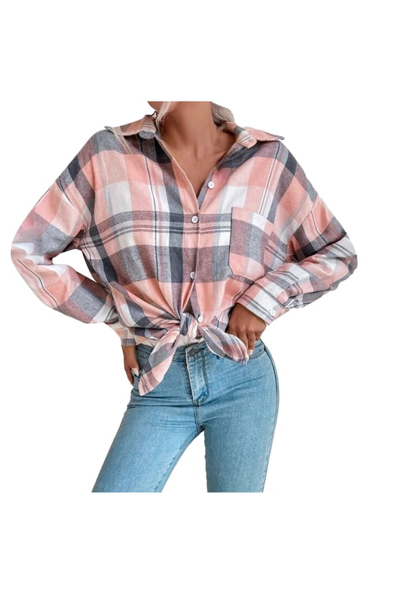 Plaid Flannel Shirt Jackets for Women Classic Button Down Long Sleeve Lattice Loose Pocket Fall Coat Outerwear (X-Large, Pink)
