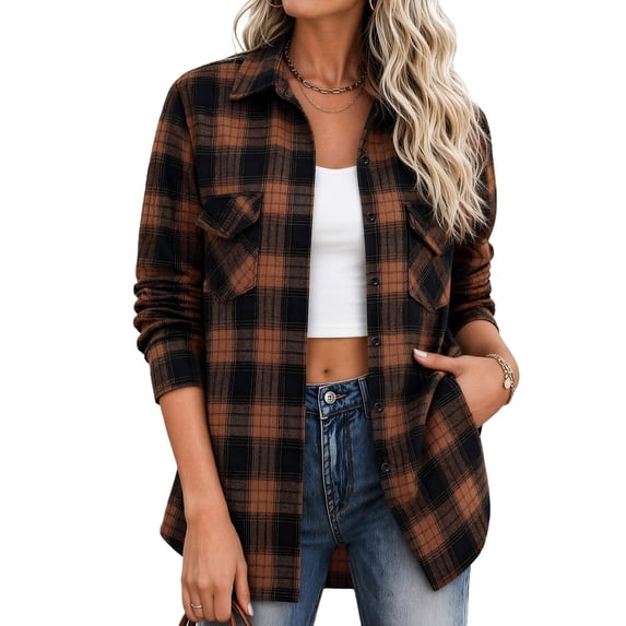 Plaid Flannel Shirt Women Button Down Shackets Long Sleeve Fall Tops, L