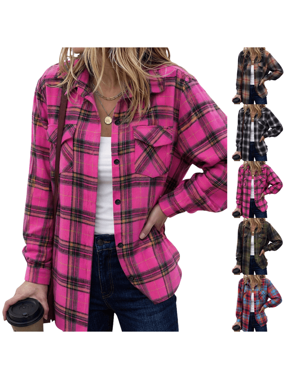 Plaid Flannel Shirt Womens Long Sleeve Top Casual Button Down Blouse Hot Pink S