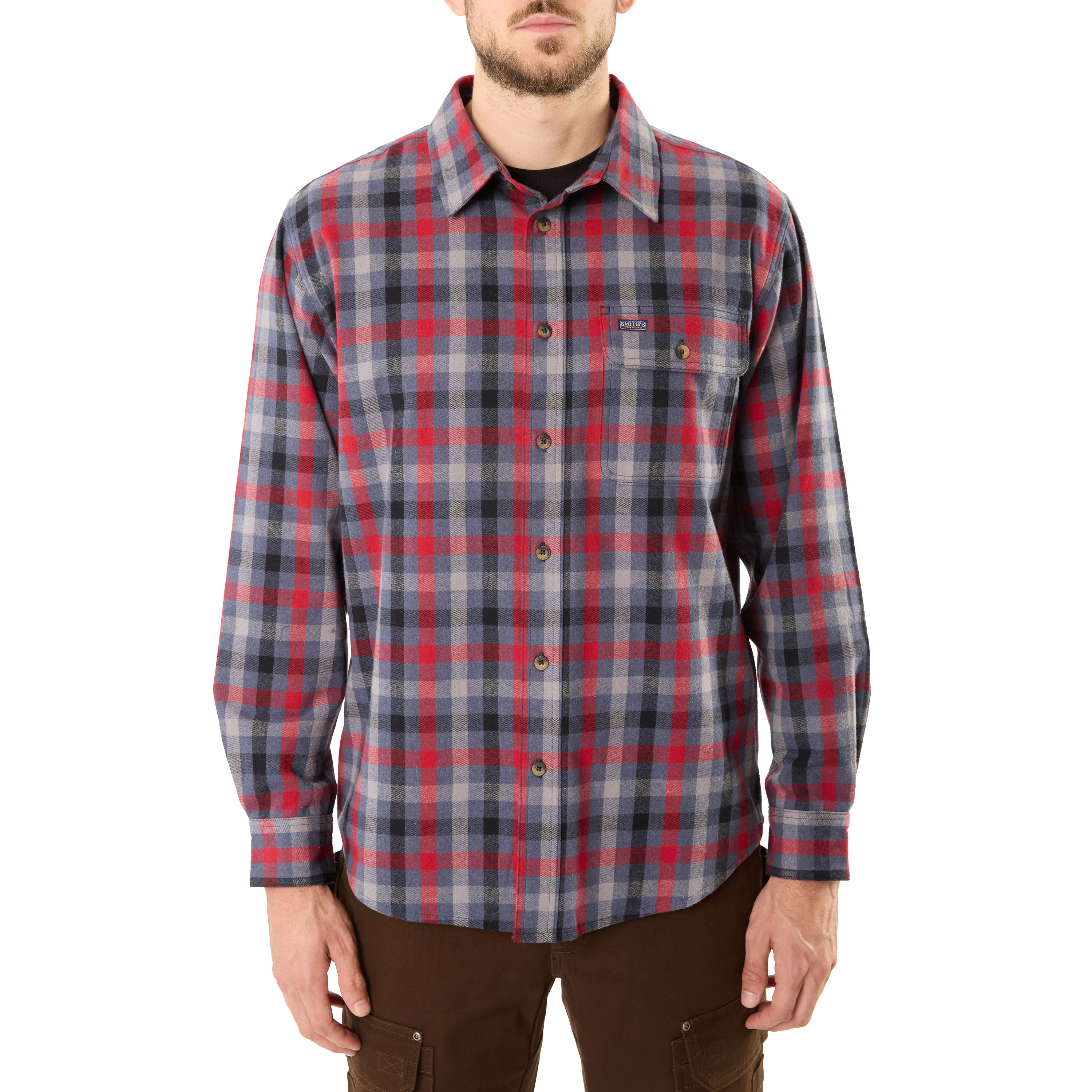 Smith's Workwear Buffalo – Camicia Flanella Button-down Uomo, Due Tasche, Cuciture Doppie, Marrone Scuro