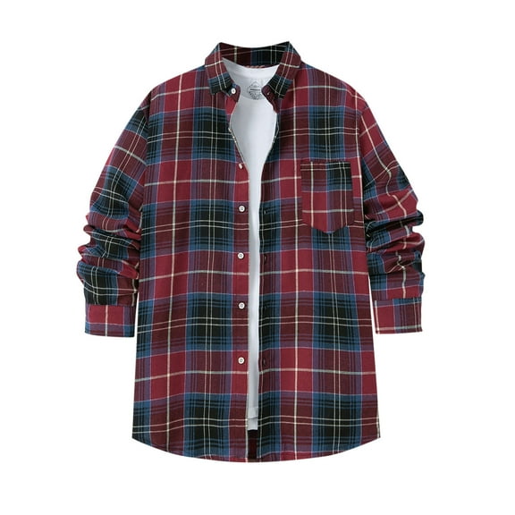 Plaid Flannel Shirts Button Down Jacket for Men with Chest Pocket Casual Classic Long Sleeve Lapel Blouses Outwear (XL, Wine)