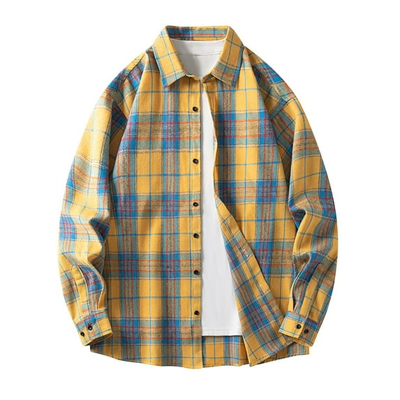 Plaid Flannel Shirts for Men Oversized Long Sleeve Button Down Buffalo Plaid Shirt Blouse Tops Yellow 2XL